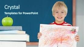  Presentation with green apple - Presentation design enhanced with cute boy showing his art against green apple on pile of books in classroom background and a ocean colored foreground