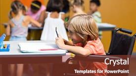  Presentation with using digital tablet - Slide deck enhanced with cute boy sitting on wheelchair background and a tawny brown colored foreground