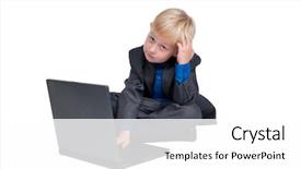  Presentation with task - Presentation design enhanced with cute boy thinking over a task on his laptop background and a white colored foreground