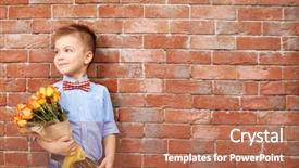  Presentation with brick - PPT theme enhanced with cute boy with bouquet of beautiful flowers near brick wall background and a coral colored foreground