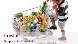  Presentation with shopping trolley - Amazing presentation design having cute boy with shopping cart backdrop and a white colored foreground