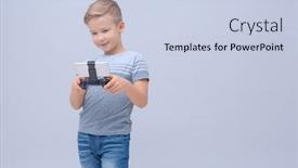  Presentation with controller - Cool new presentation theme with cute boy with video game controller for smartphone on color background backdrop and a lemonade colored foreground