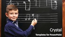  Presentation with music note - Amazing PPT theme having cute boy writing backdrop and a black colored foreground