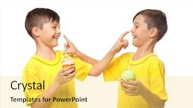  Presentation with cute birthday - Cool new PPT layouts with cute boys with birthday cupcakes backdrop and a  colored foreground