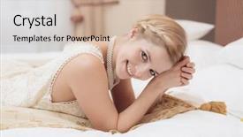  Presentation with fancy - Beautiful PPT theme featuring cute bride lying on bed in fancy hotel room backdrop and a soft green colored foreground