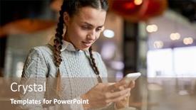  Presentation with girl reading - Theme enhanced with cute brunette girl in light grey knitted sweater reading message in smartphone while spending time in cafe background and a coral colored foreground