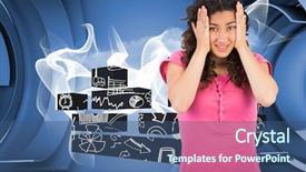  Presentation with abstract blue white - Presentation theme with cute brunette having headache against abstract linear design in blue and white background and a ocean colored foreground