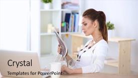  Presentation with office newspaper - Amazing slide set having cute businesswoman holding newspaper sitting backdrop and a soft green colored foreground