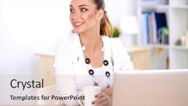  Presentation with office newspaper - Slide deck featuring cute businesswoman holding newspaper sitting at her desk in office background and a lemonade colored foreground