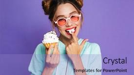  Presentation with cupcake cake - Amazing slide deck having cute cake - portrait of a happy young backdrop and a light blue colored foreground
