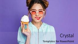 Presentation with cupcake cake - Colorful slides enhanced with cute cake - portrait of a smiling young backdrop and a light blue colored foreground