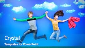  Presentation with young happy couple - Audience pleasing presentation theme consisting of cute cartoon boy girl - couple of happy young people backdrop and a teal colored foreground