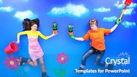  Presentation with people helping each teamwork couple - Beautiful presentation design featuring cute cartoon boy girl - couple of young people backdrop and a  colored foreground