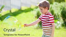  Presentation with making soap - Cool new PPT layouts with cute caucasian little boy making soap bubbles backdrop and a blonde colored foreground
