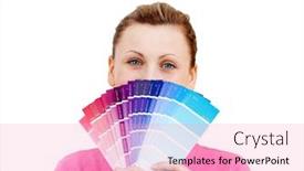  Presentation with sample - Amazing PPT theme having cute caucasian woman behind color sample against white background backdrop and a lemonade colored foreground