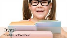  Presentation with girl reading - Cool new PPT theme with cute cheerful little girl reading book while wearing glasses isolated over white backdrop and a lemonade colored foreground