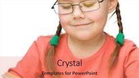  Presentation with book glasses - Presentation featuring cute cheerful little girl reading book wearing glasses isolated over white background and a coral colored foreground