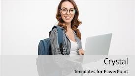  Presentation with lady - Cool new presentation design with cute cheerful young lady backdrop and a light gray colored foreground