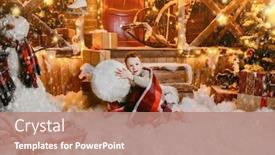  Presentation with snowman - PPT layouts featuring cute child boy sculpts a snowman near his house decorated for christmas merry christmas and happy new year background and a coral colored foreground