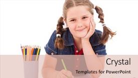  Presentation with crayons - Colorful theme enhanced with cute child draw with colorful crayons and smile isolated over white backdrop and a lemonade colored foreground