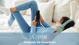  Presentation with headphones - PPT layouts with cute-child-girl-with-pigtails and a teal colored foreground