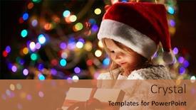  Presentation with sparkling - Cool new PPT theme with cute child in santa cap opening christmas gift on sparkling background backdrop and a coral colored foreground
