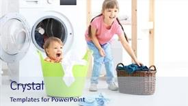  Presentation with laundry - Presentation design consisting of cute children doing laundry indoors background and a sky blue colored foreground