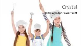  Presentation with kitchen utensils - Amazing PPT layouts having cute children in aprons with kitchen utensils on white background backdrop and a white colored foreground