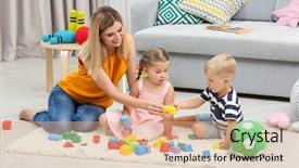  Presentation with young children playing - Cool new slide deck with cute children playing with constructor backdrop and a coral colored foreground