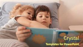  Presentation with bedtime story - Presentation design with cute children reading bedtime story on bed at home background and a tawny brown colored foreground