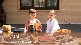  Presentation with children - Cool new slide deck with cute-children-standing-at-table backdrop and a coral colored foreground