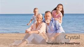  Presentation with grandparents - PPT theme with cute children with grandparents on sea beach background and a coral colored foreground