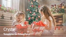  Presentation with christmas kids - Cool new PPT theme with cute childrens girls opening gift backdrop and a coral colored foreground