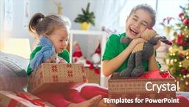  Presentation with christmas kids - Amazing PPT layouts having cute childrens girls opening gifts backdrop and a tawny brown colored foreground