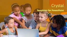  Presentation with classmates - Slides featuring cute classmates using laptop in clasroom background and a tawny brown colored foreground