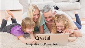  Presentation with family - Cool new PPT theme with cute computer - happy family using laptop together backdrop and a soft green colored foreground