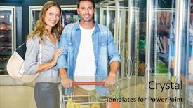  Presentation with grocery - Beautiful PPT theme featuring cute couple doing grocery shopping together at the supermarket backdrop and a coral colored foreground