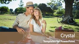  Presentation with picnic - PPT theme featuring cute couple drinking white wine on a picnic smiling at each other on a sunny day background and a coral colored foreground