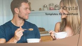  Presentation with breakfast cereal - PPT theme featuring cute couple having cereal for breakfast at home in the kitchen background and a coral colored foreground
