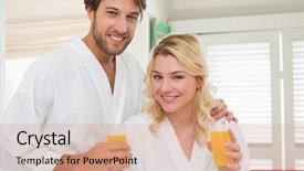  Presentation with living room - Slides consisting of cute couple in bathrobes smiling at camera together having breakfast at home in the living room background and a coral colored foreground