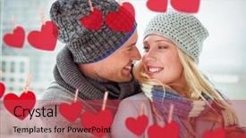  Presentation with clothing - Cool new presentation design with cute couple in warm clothing smiling at each other against hearts hanging on a line backdrop and a red colored foreground