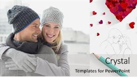  Presentation with clothing - Amazing PPT theme having cute couple in warm clothing hugging woman smiling at camera against sketch of kissing couple with pencil backdrop and a light gray colored foreground