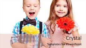  Presentation with children hands - Theme featuring couple of children with flower background and a coral colored foreground