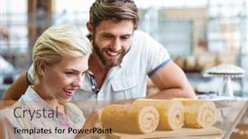  Presentation with cute bakery - Audience pleasing slide set consisting of cute couple on a date looking at cakes at the bakery backdrop and a coral colored foreground