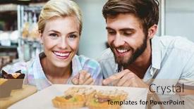  Presentation with cute bakery - PPT theme having cute couple on a date pointing fruit pie at the bakery background and a coral colored foreground