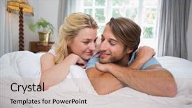  Presentation with relaxing - PPT layouts consisting of cute couple relaxing on bed smiling at each other at home in the bedroom background and a coral colored foreground