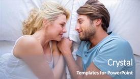  Presentation with relaxing - Slides consisting of cute couple relaxing on bed smiling at each other at home in the bedroom background and a teal colored foreground