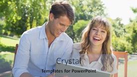  Presentation with park - Cool new PPT layouts with cute couple sitting on park bench together using laptop and laughing on a sunny day backdrop and a light blue colored foreground