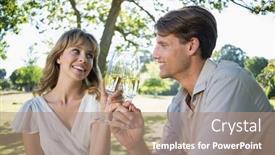  Presentation with toasting - PPT theme featuring cute couple sitting outside toasting with champagne on a sunny day background and a coral colored foreground