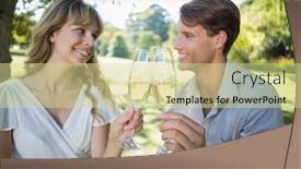  Presentation with toasting - Slide deck having cute couple sitting outside toasting with champagne on a sunny day background and a soft green colored foreground